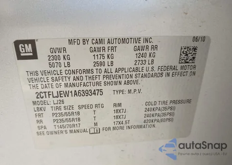 2010 GMC Terrain Slt-2 z USA, uszkodzony, nr VIN 2CTFLJEW1A6393475
